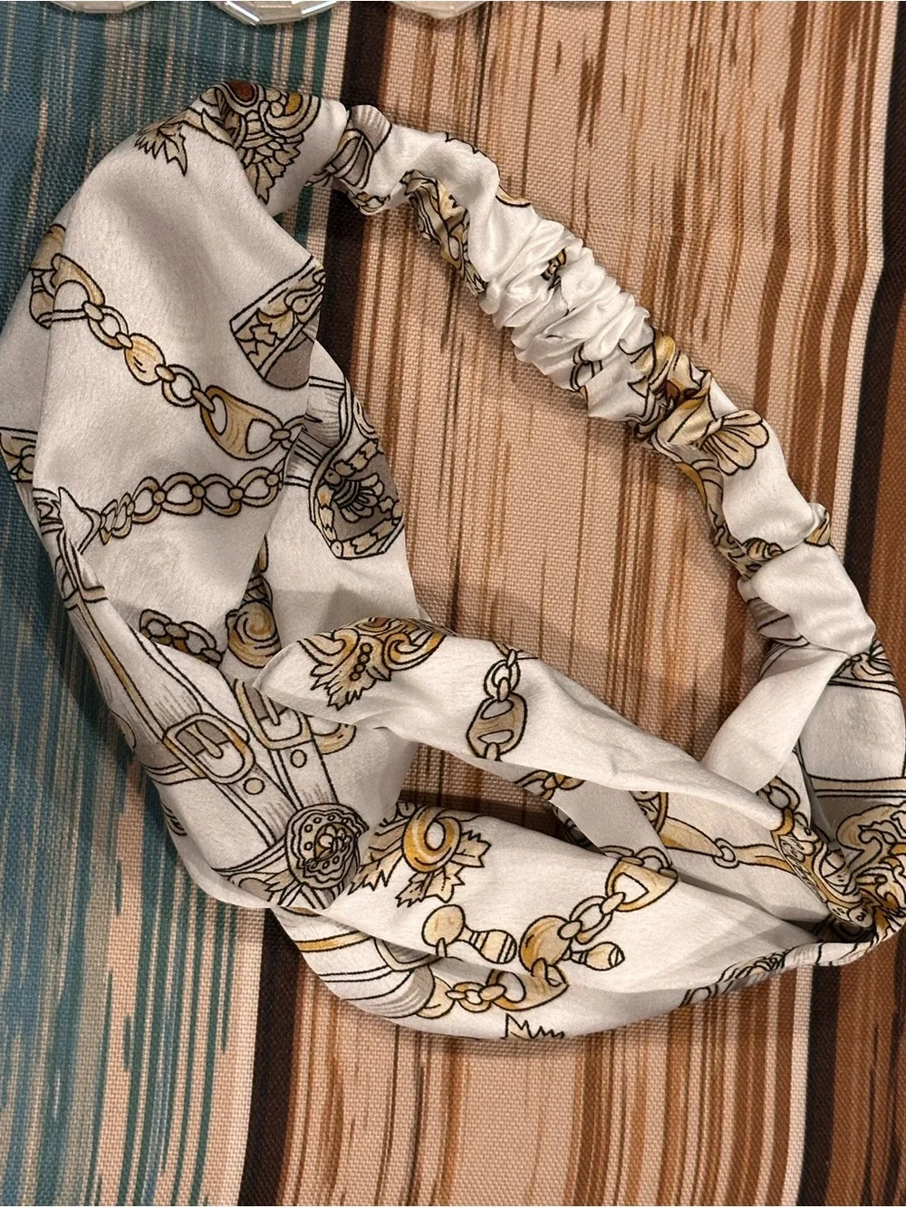 Gold & White Braided Rope and Silky Chain Print Headband Set